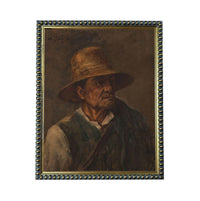 The image is a painting of a man wearing a hat, possibly a straw hat, and a green vest.