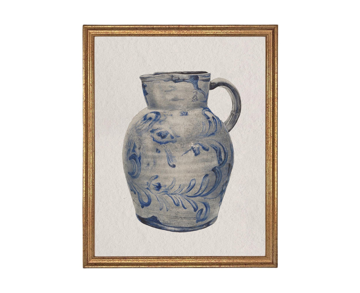 Vintage Framed Blue White Pottery Still Life on Canvas #ST-640