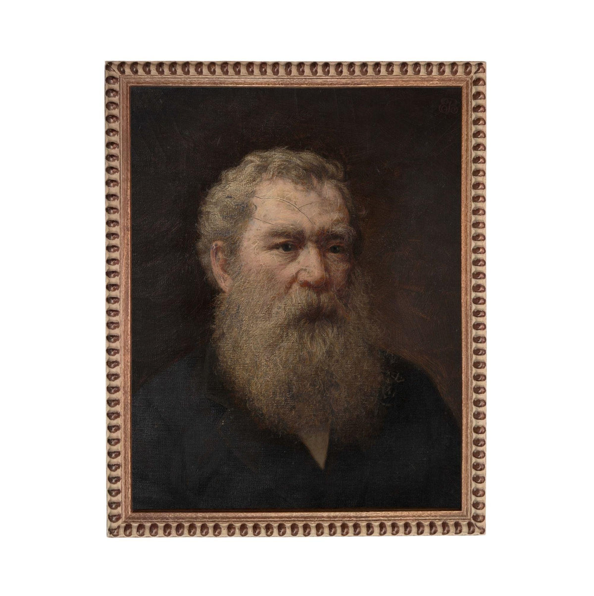 The image is a portrait of an elderly man with a long beard, wearing a dark jacket.