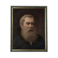 The image is a portrait of an elderly man with a long beard, wearing a dark jacket.