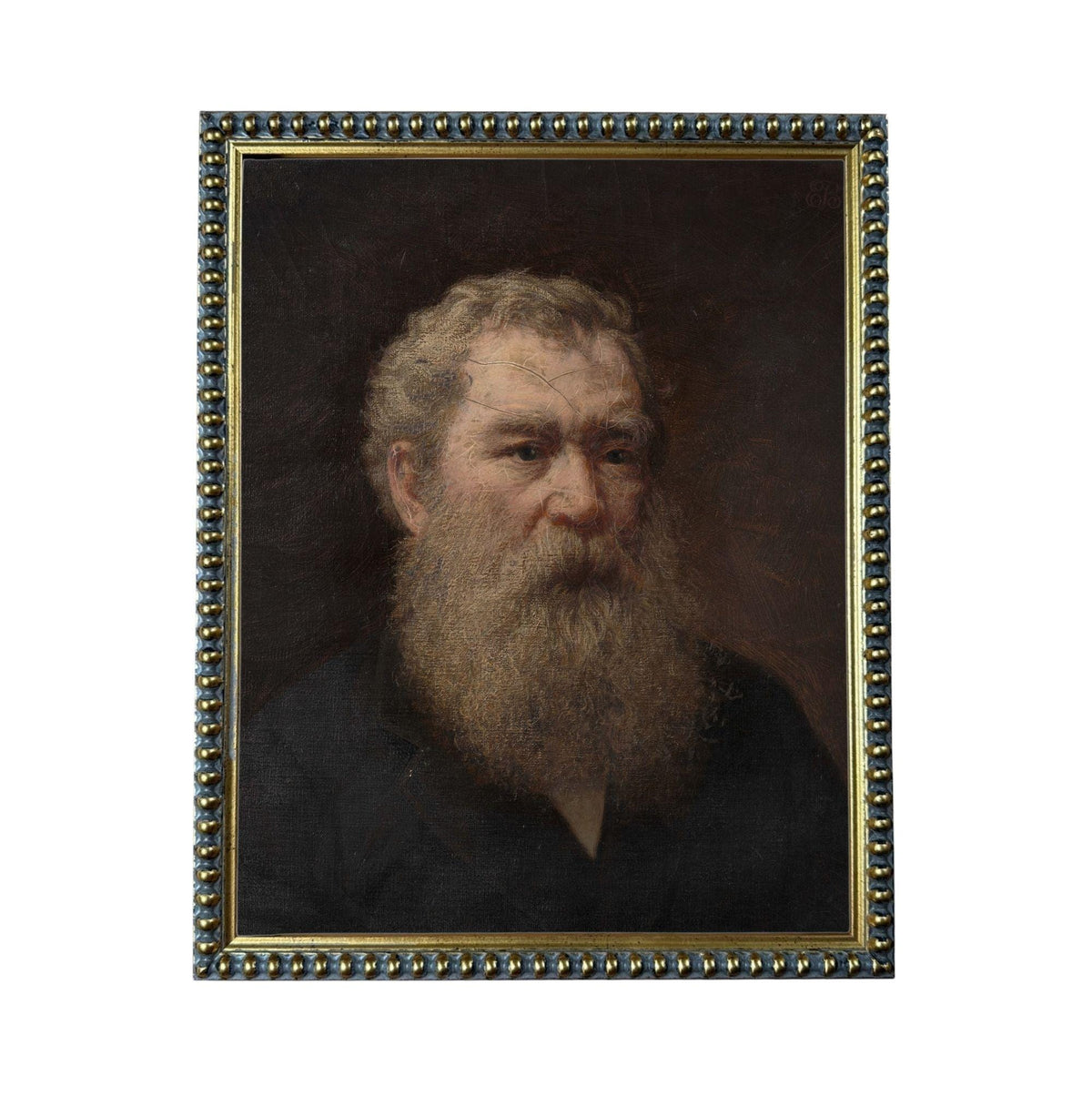 The image is a portrait of an elderly man with a long beard, wearing a dark jacket.