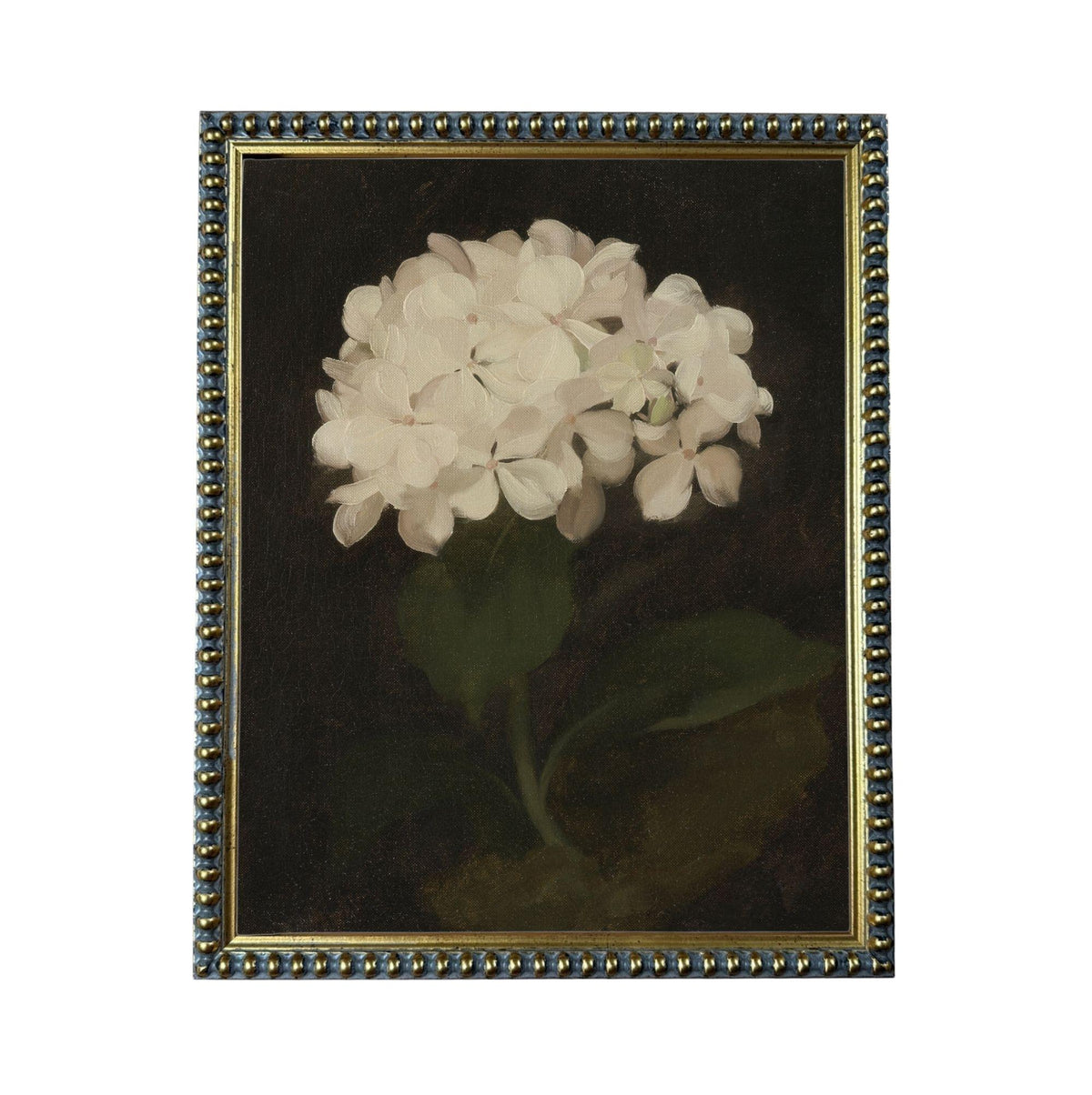 A framed painting depicting a single white flower against a dark background.