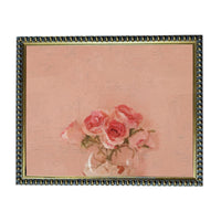 A framed painting depicting a bouquet of pink roses against a peach-colored background.