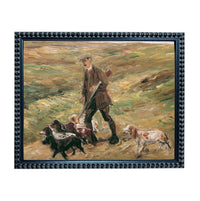 A painting of a man in a brown coat and hat, holding a rifle and accompanied by three dogs in a field.