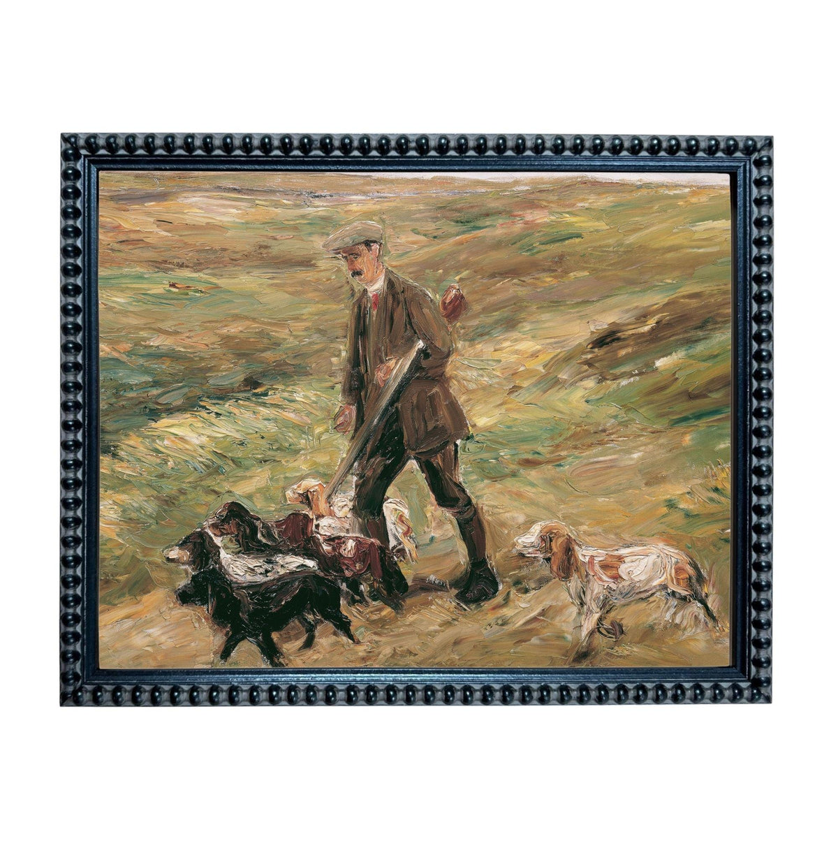 A painting of a man in a brown coat and hat, holding a rifle and accompanied by three dogs in a field.