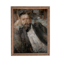 The image is a painting of a man with a beard, wearing a suit and sitting in a contemplative pose.