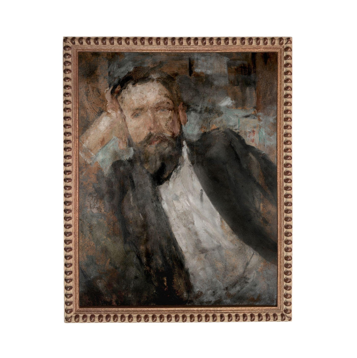 The image is a painting of a man with a beard, wearing a suit and sitting in a contemplative pose.