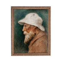 The image is a painting of a man with a white hat, depicting a portrait of an elderly individual with a long beard.