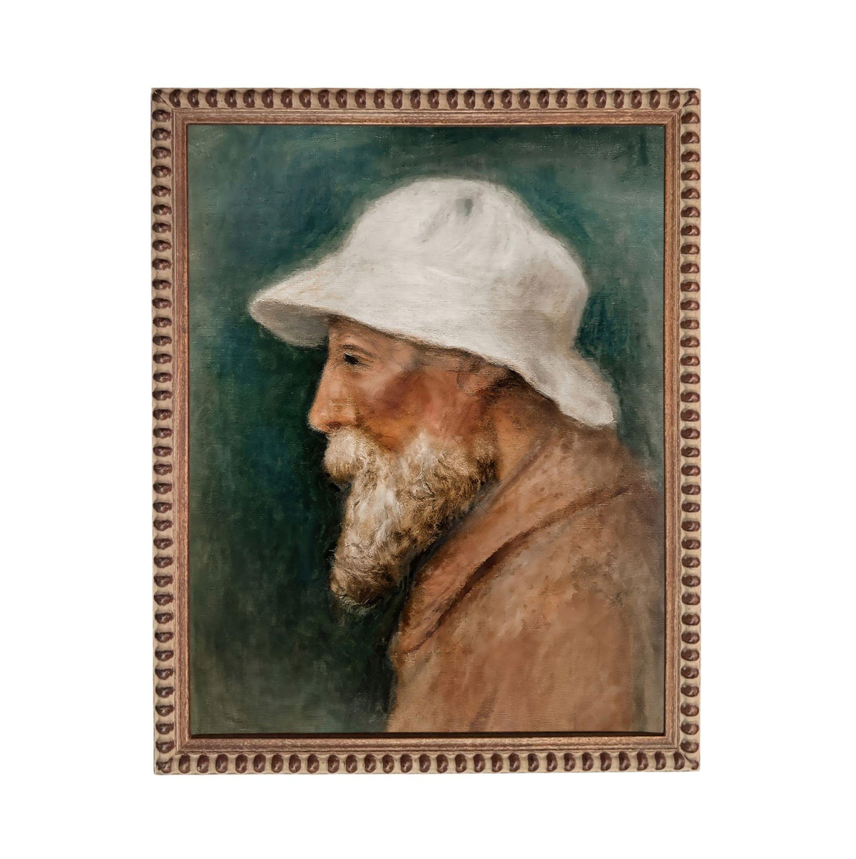 The image is a painting of a man with a white hat, depicting a portrait of an elderly individual with a long beard.