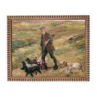 A painting of a man in hunting attire walking with several dogs in a grassy field.