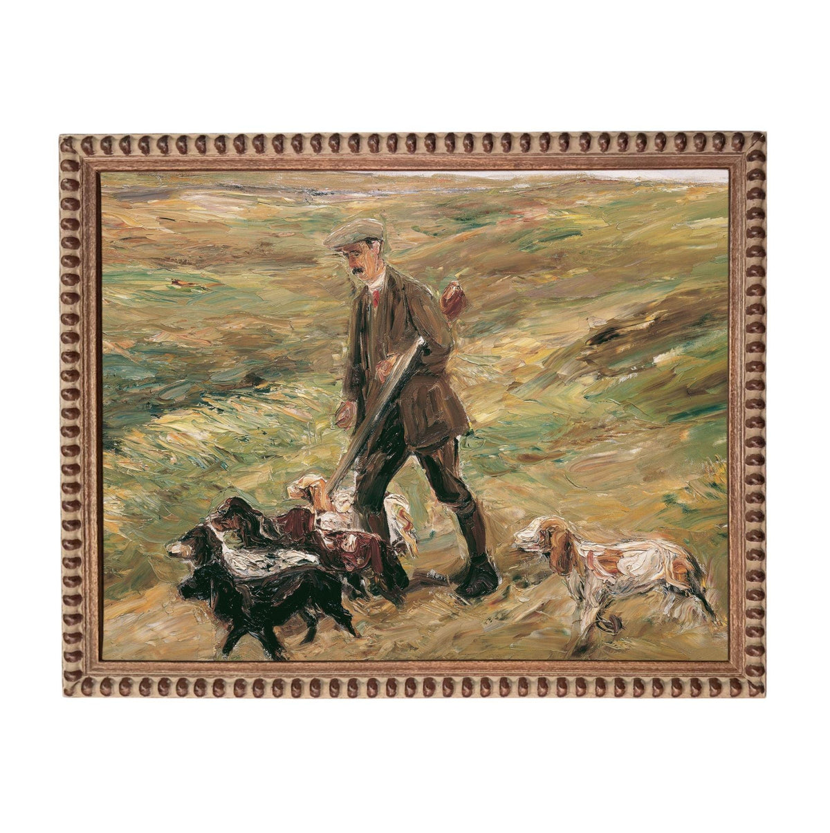 A painting of a man in hunting attire walking with several dogs in a grassy field.