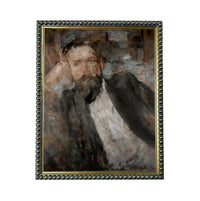The image is a painting of a man with a beard, wearing a suit and looking pensive.