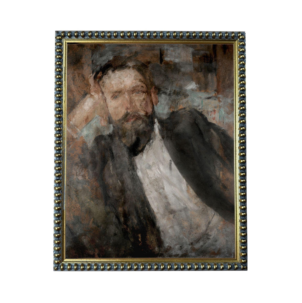 The image is a painting of a man with a beard, wearing a suit and looking pensive.