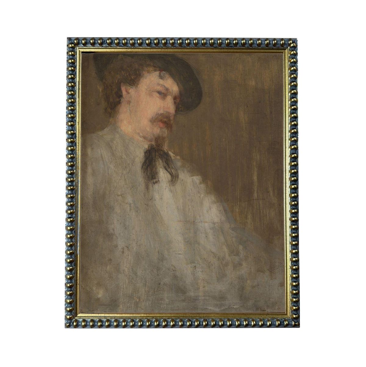 The image is a painting of a man wearing a hat and a white shirt, with a serious expression on his face.
