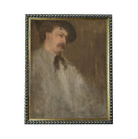 The image is a painting of a man wearing a hat and a white shirt, with a serious expression on his face.
