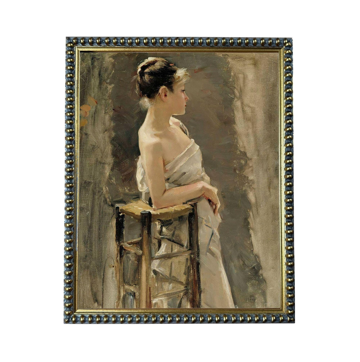 A woman in a white dress is seated on a wooden chair, her gaze directed off to the side.