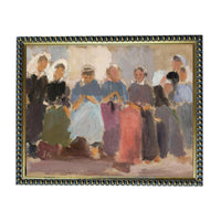 The image is an oil painting depicting a group of people in colorful clothing, arranged in a line and facing the same direction.