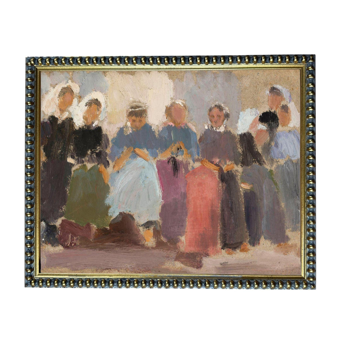 The image is an oil painting depicting a group of people in colorful clothing, arranged in a line and facing the same direction.