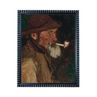 The image is a painting of a man wearing a hat and smoking a pipe.