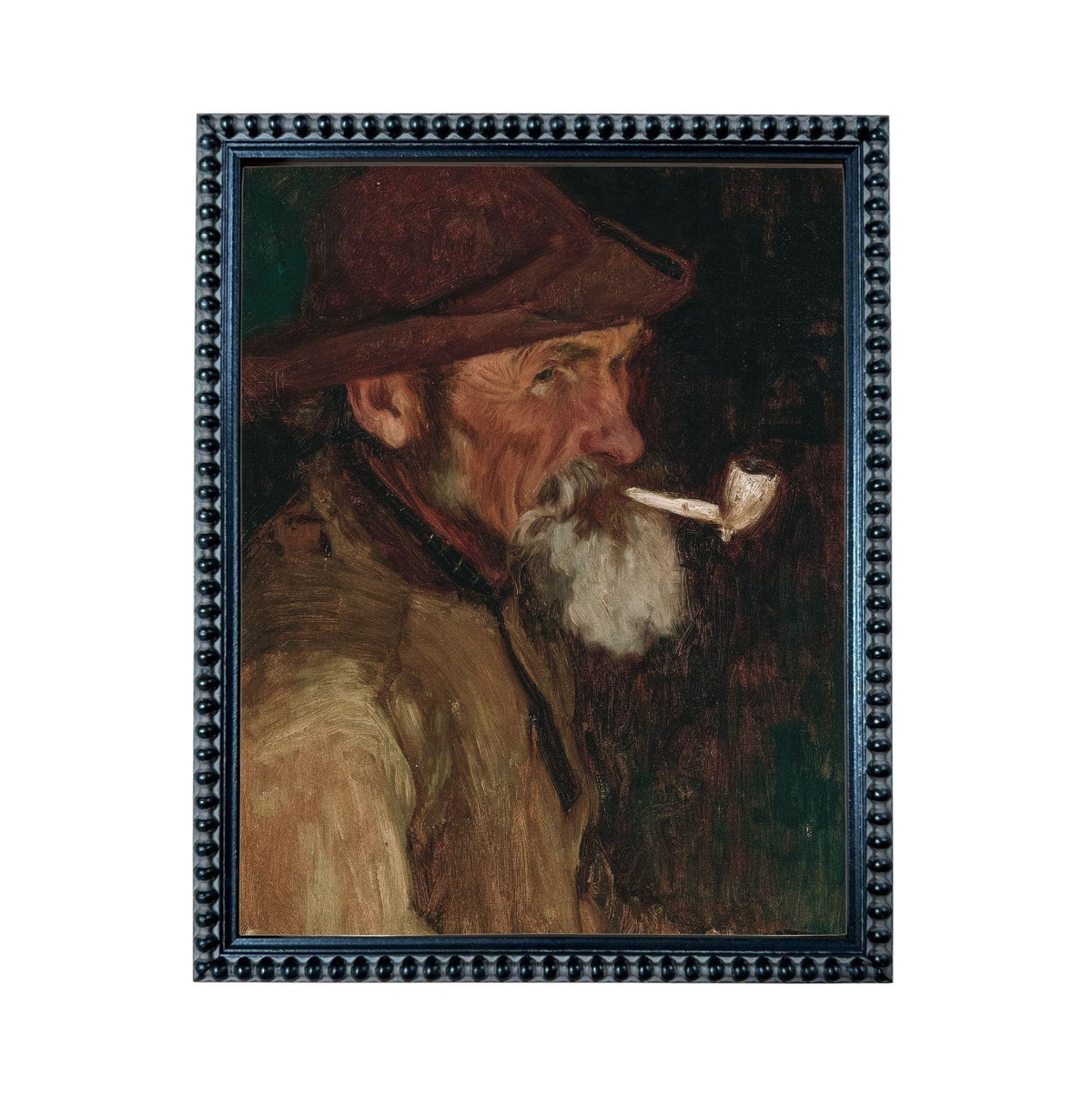 The image is a painting of a man wearing a hat and smoking a pipe.