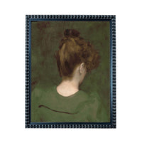 The image is a painting of a woman with curly hair wearing a green dress, set against a dark green background.