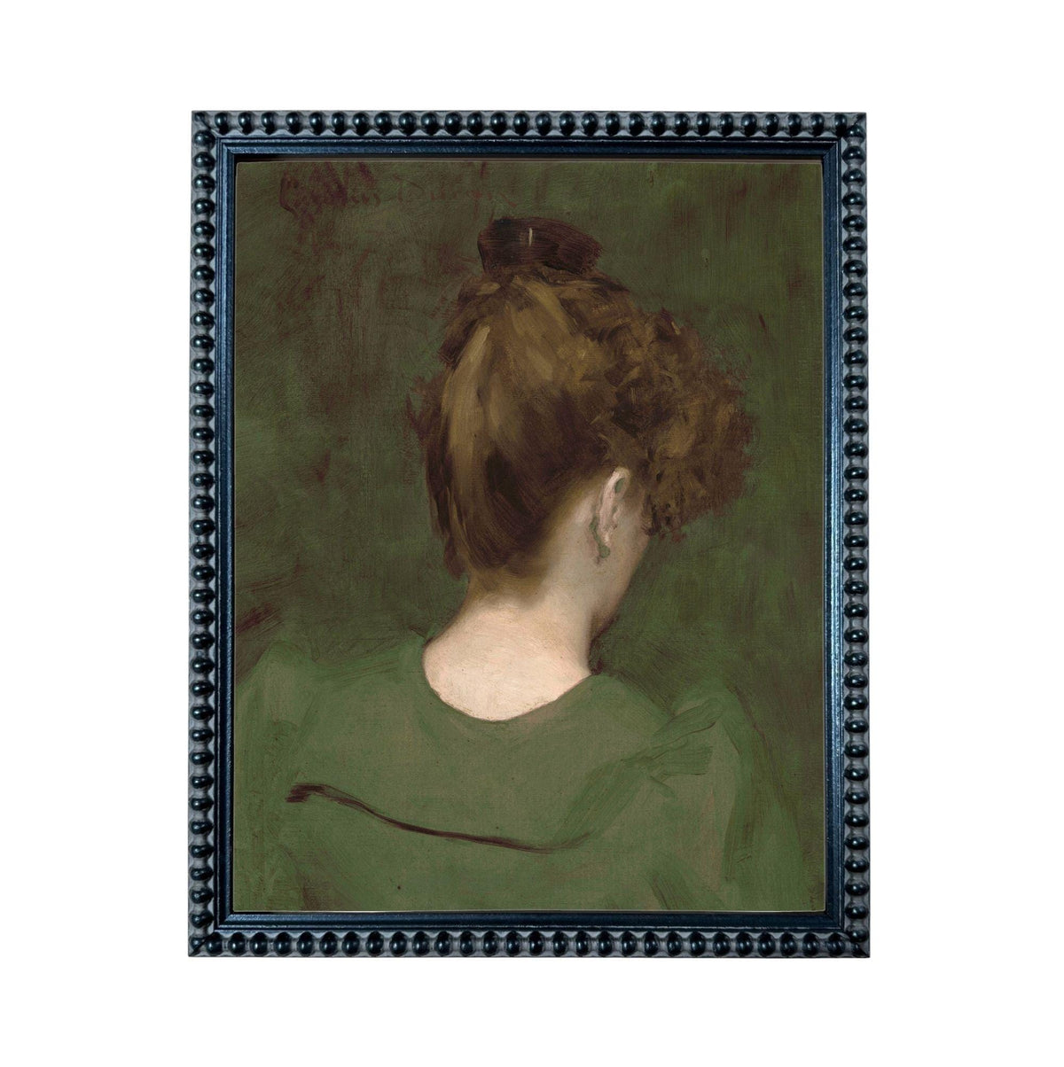 The image is a painting of a woman with curly hair wearing a green dress, set against a dark green background.