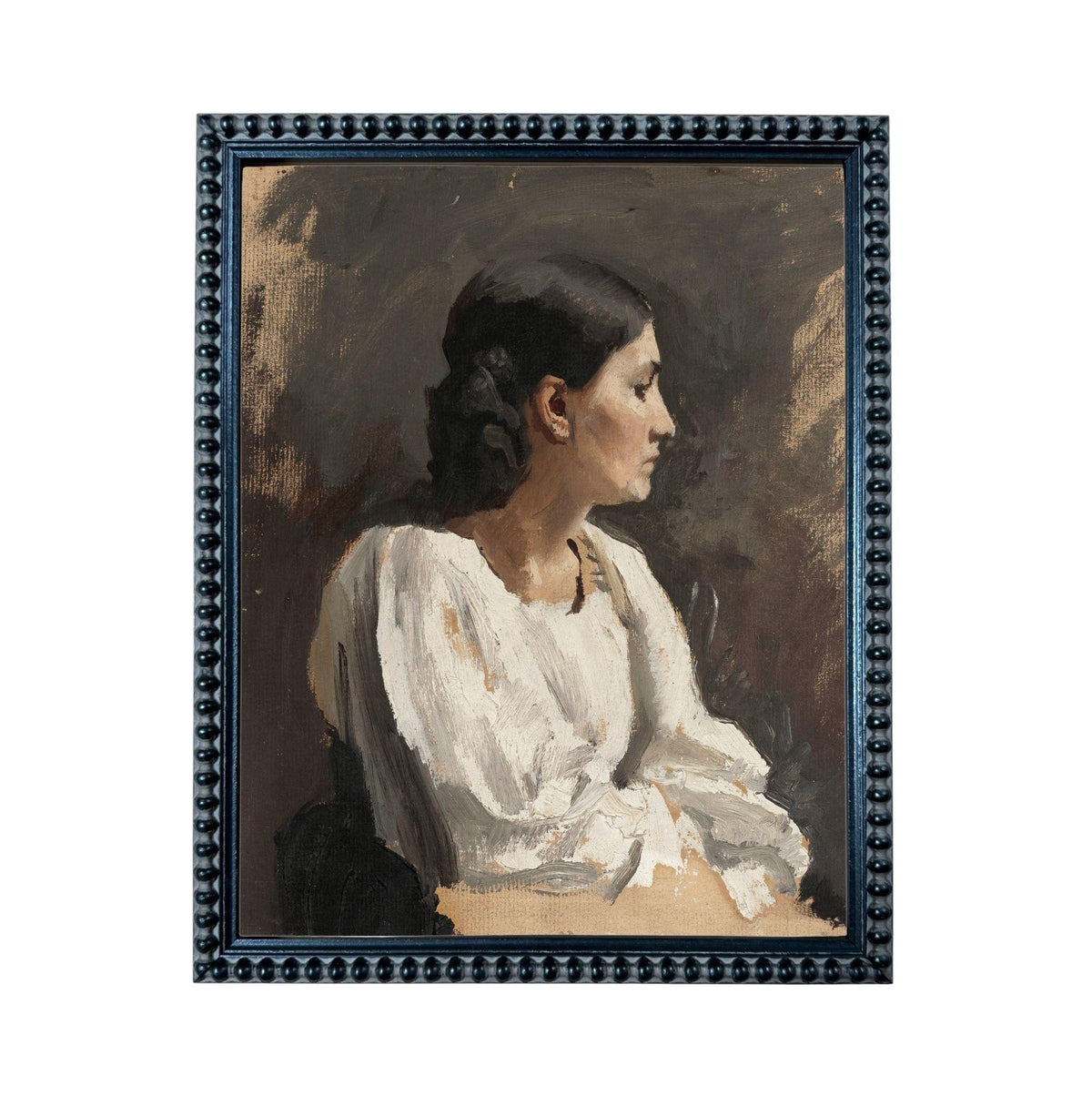 The image is a painting of a woman in profile, wearing a white blouse.