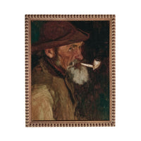 The image is a painting of an older man with a long beard, wearing a hat and smoking a pipe.