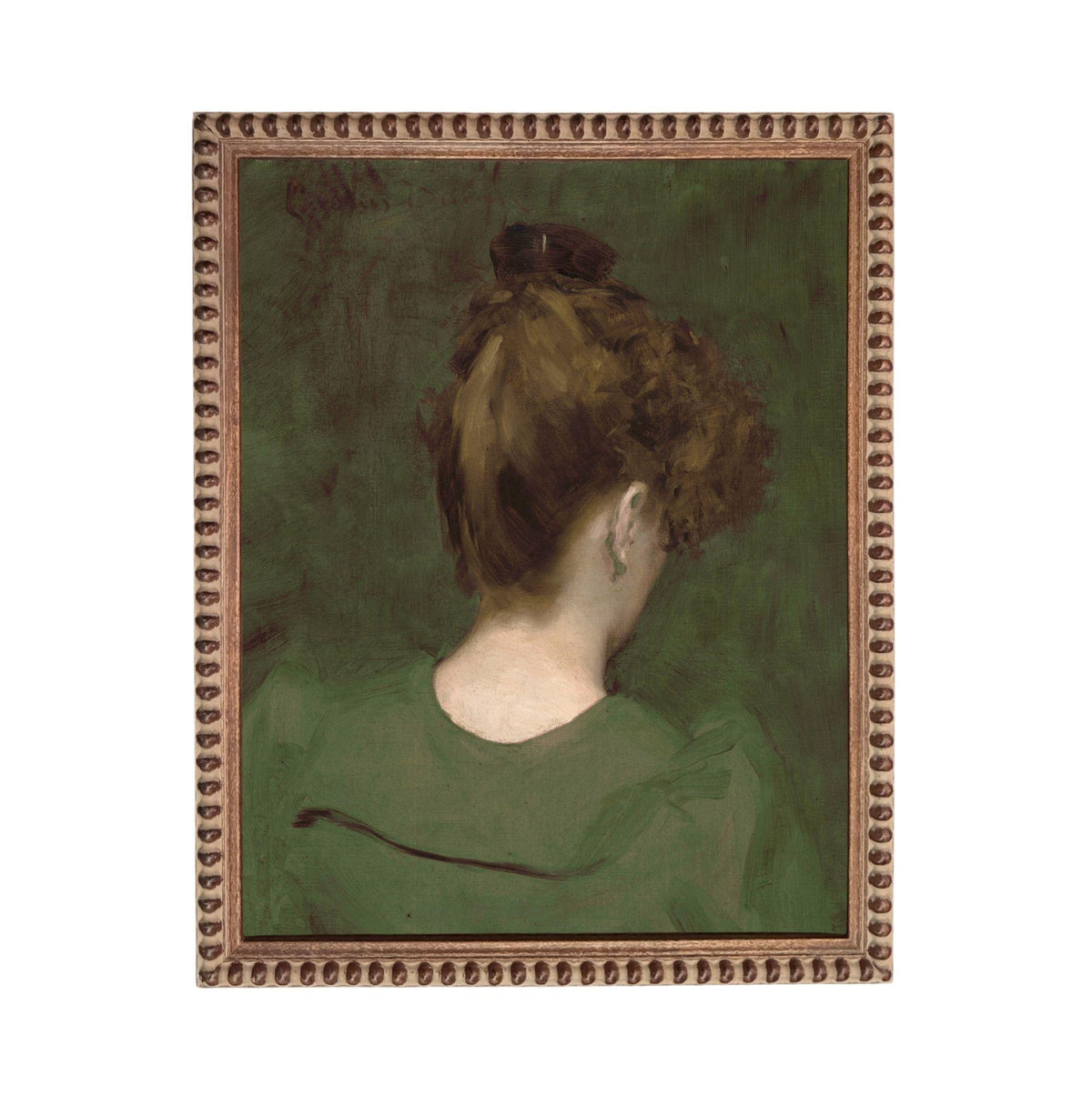 The image is a painting of a woman with curly hair wearing a green dress, set against a dark green background.