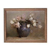 A painting of a vase filled with white and pink roses, set against a neutral background.