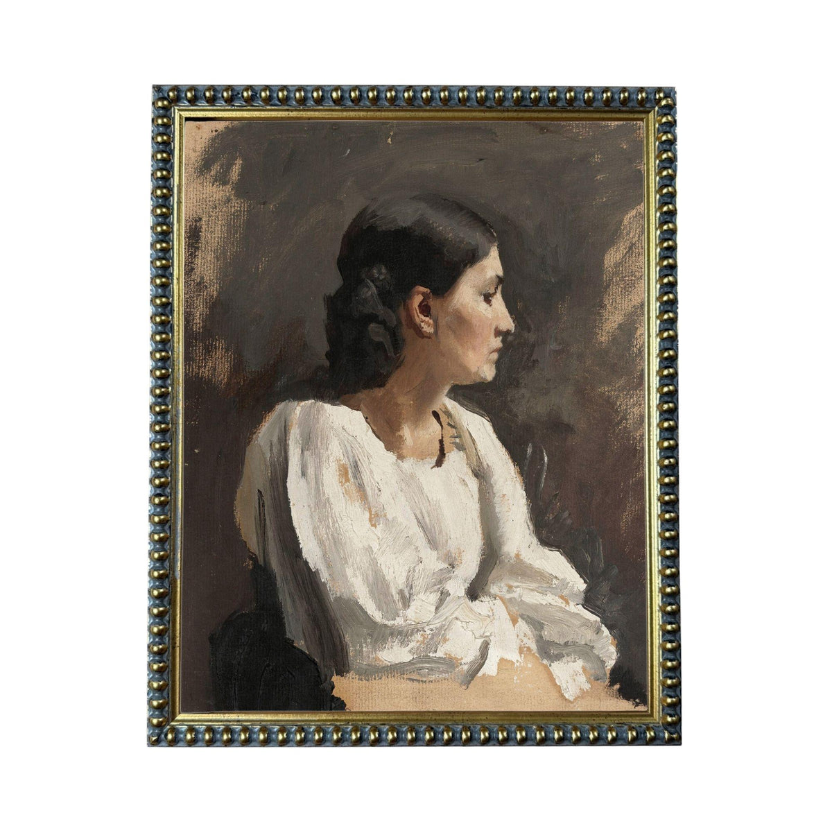 A portrait of a woman in profile, wearing a white blouse, against a dark background.