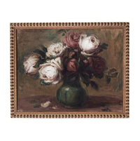 The image is a painting of a vase filled with white and red roses, set against a dark background.