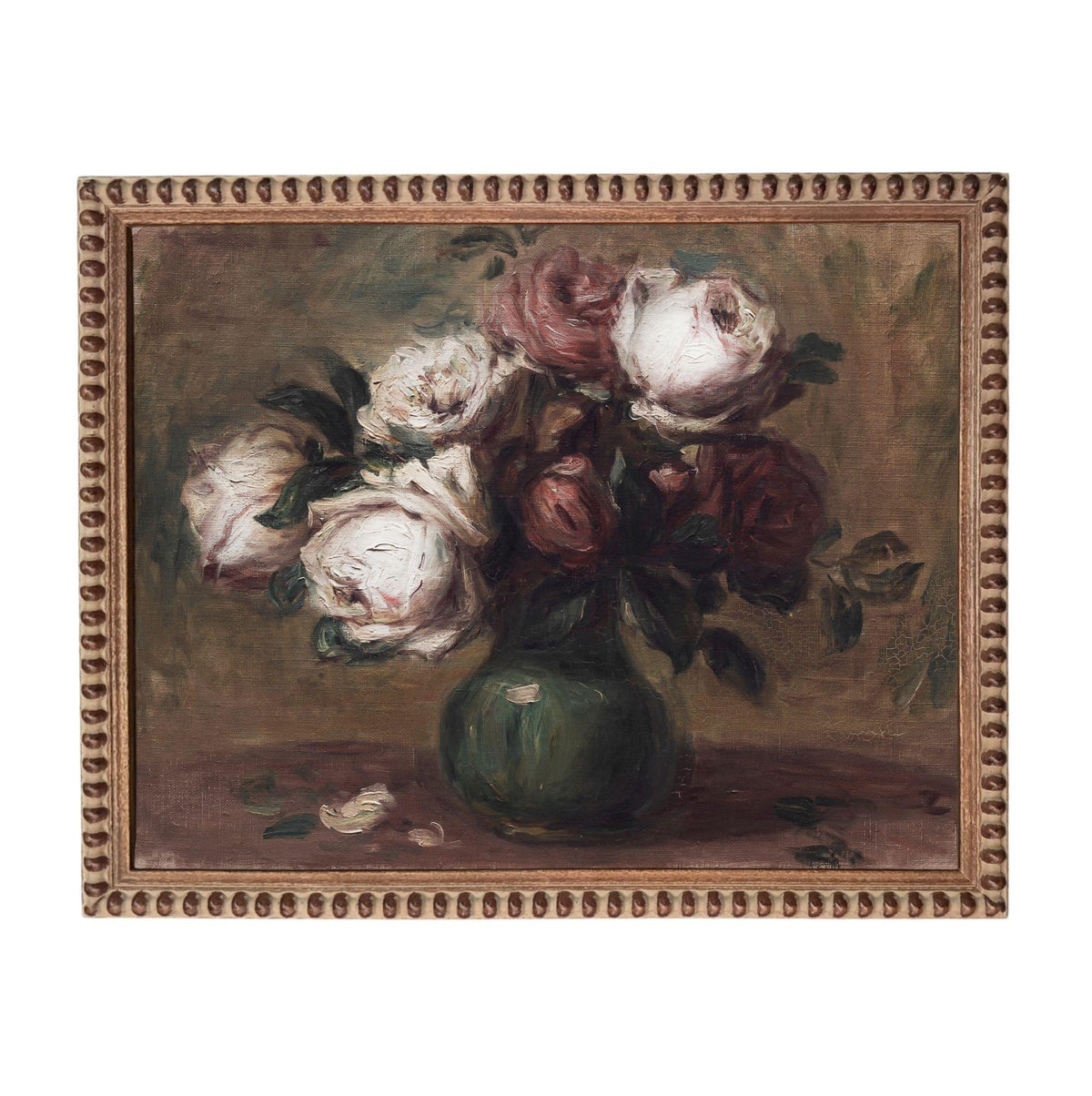 The image is a painting of a vase filled with white and red roses, set against a dark background.