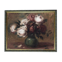 The image is an oil painting depicting a vase filled with white and pink roses, placed on a table.