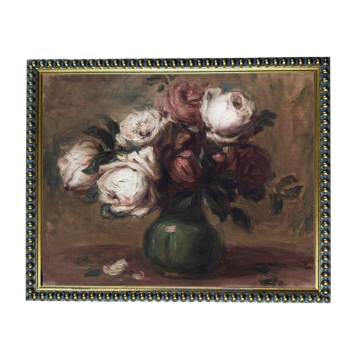 The image is an oil painting depicting a vase filled with white and pink roses, placed on a table.