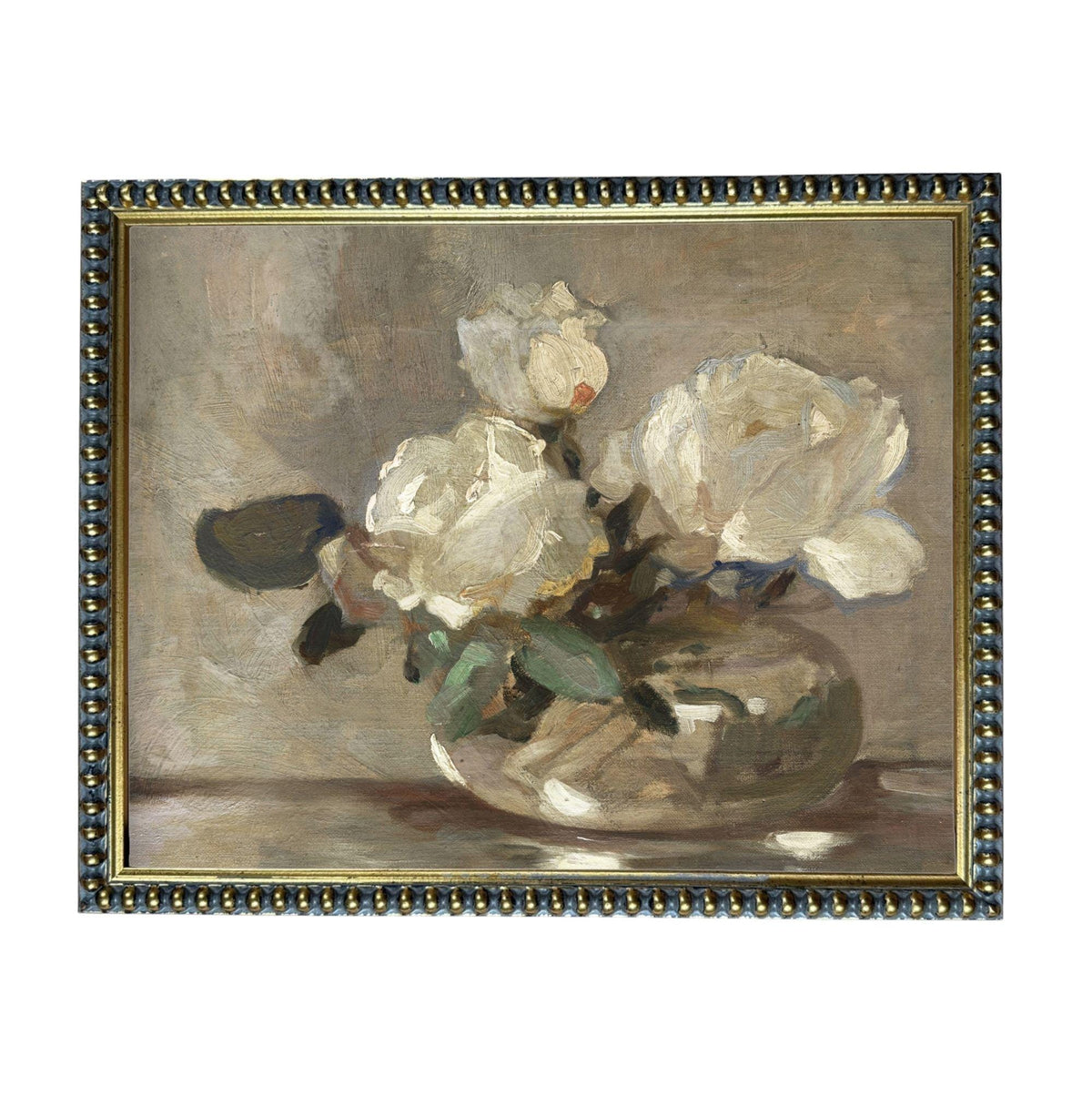 The image is a painting of a vase containing white flowers, likely roses, set against a neutral background.