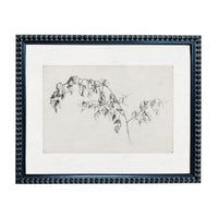 A framed black and white sketch of a branch with leaves.