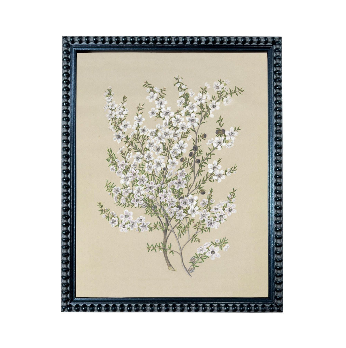 The image is a framed painting depicting a tree with white flowers.