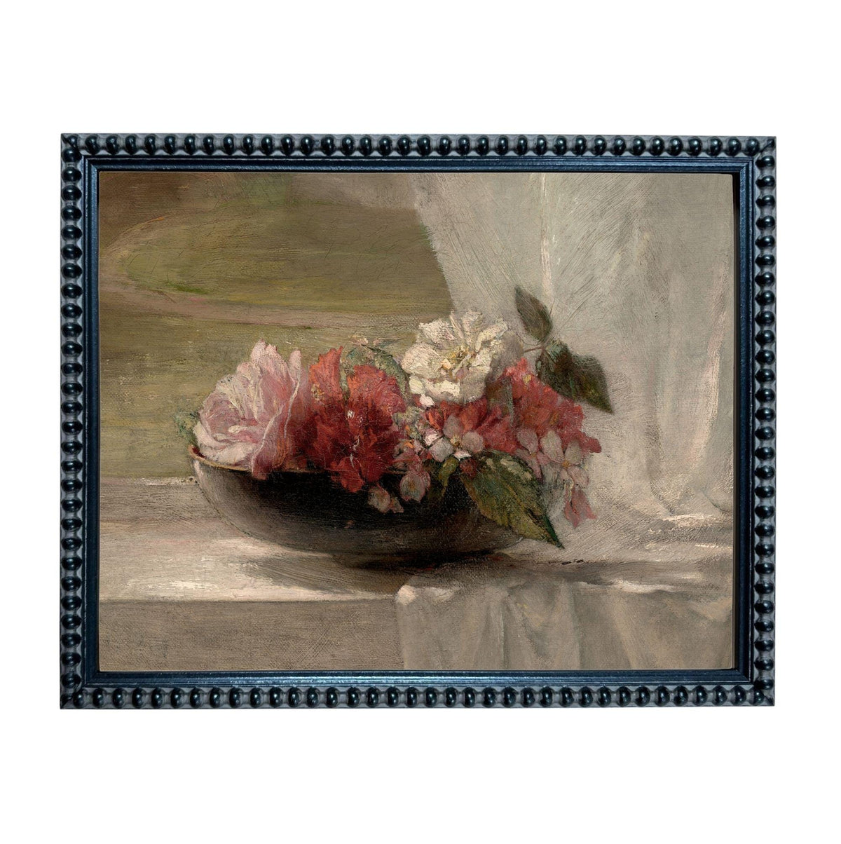 A framed painting depicting a vase filled with colorful flowers, including red, pink, and white blooms, placed on a surface.