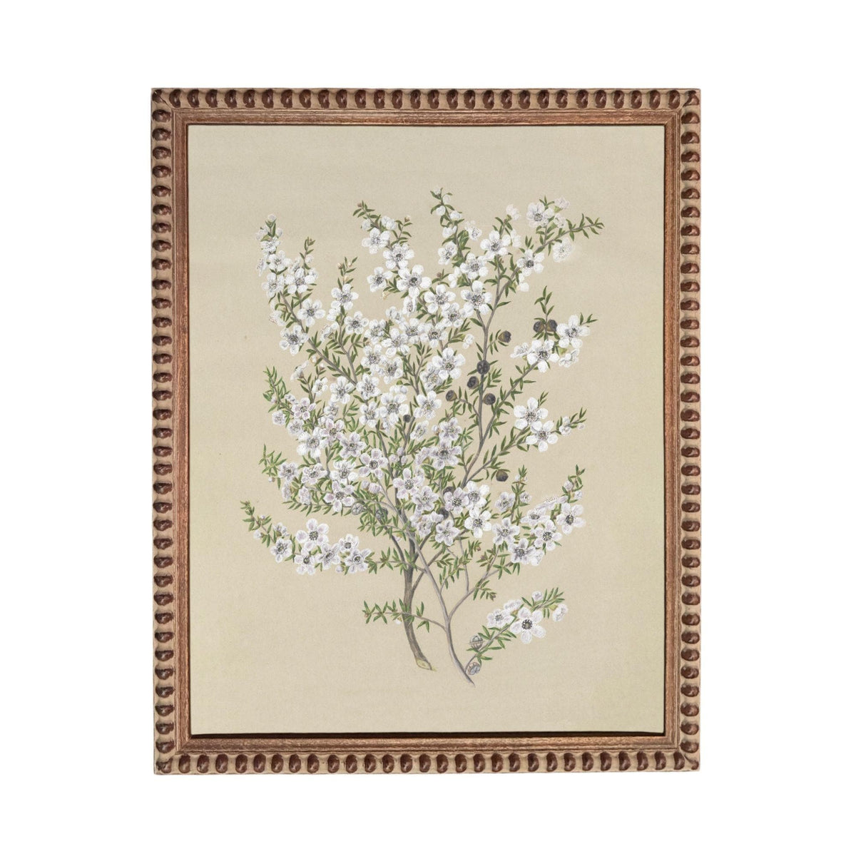The image is a framed painting depicting a tree with white flowers.