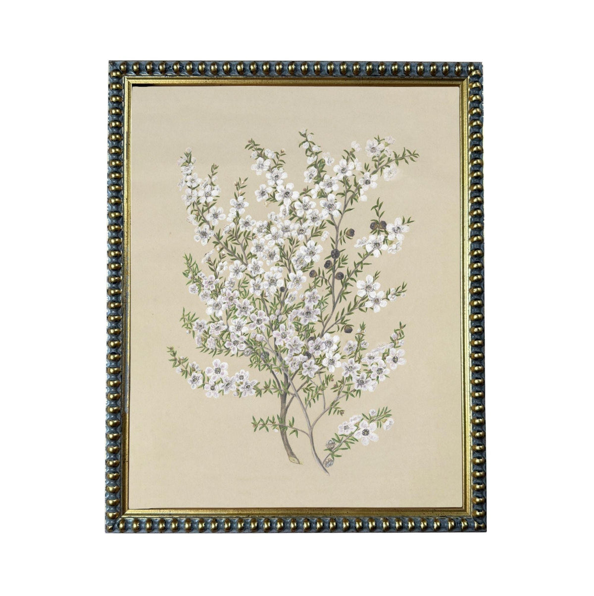 The image is a framed painting depicting a tree with white flowers.