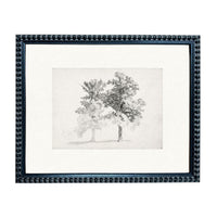 A black and white sketch of two trees in a field, framed in a decorative black frame.