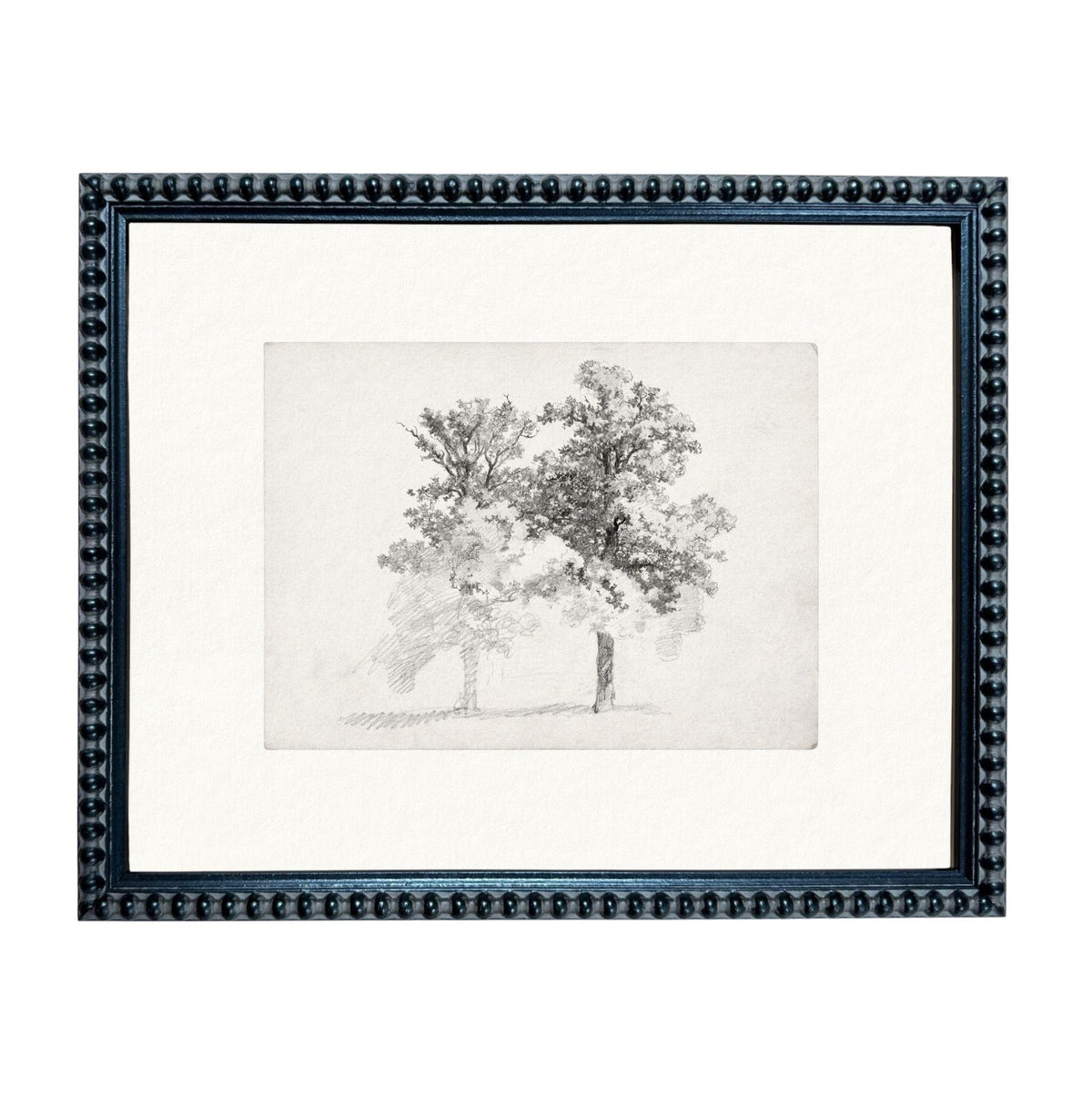 A black and white sketch of two trees in a field, framed in a decorative black frame.