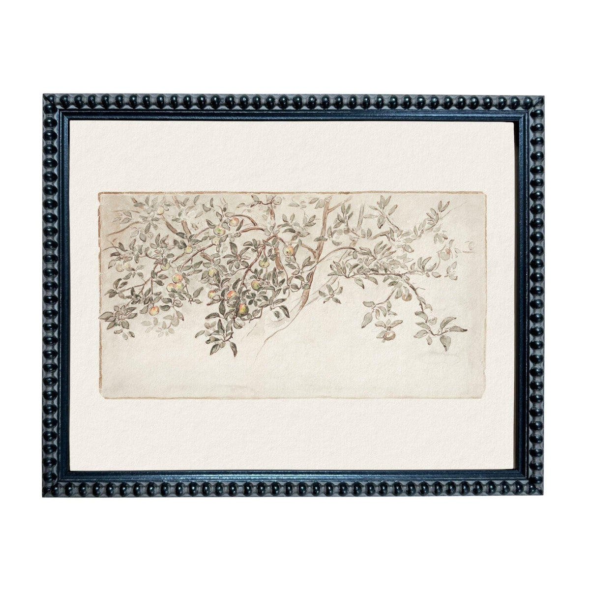 The image is a framed artwork depicting a branch with leaves and flowers.