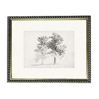 The image is a framed black and white sketch of two trees.