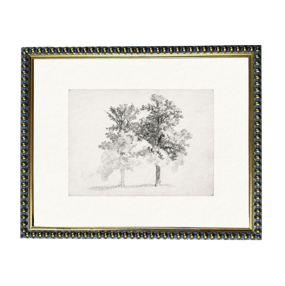 The image is a framed black and white sketch of two trees.