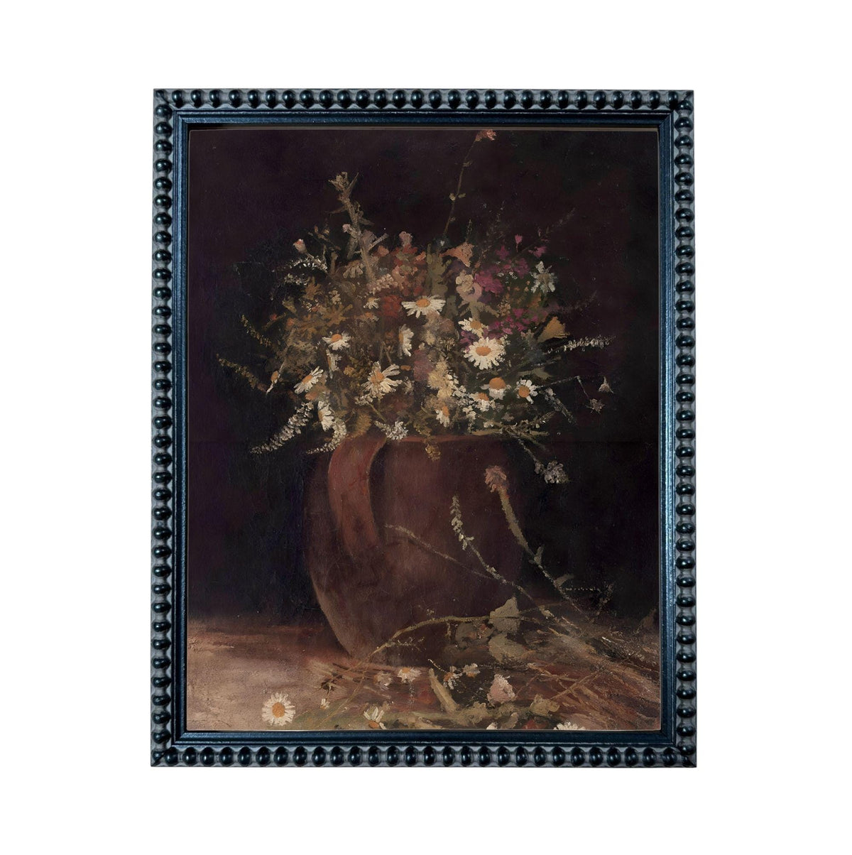 The image is a framed painting depicting a vase filled with a variety of flowers, including daisies and other blooms, set against a dark background.