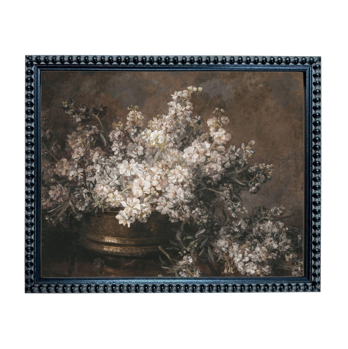 A framed painting depicting a vase filled with white flowers against a dark background.