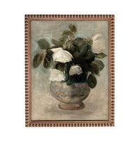 The image is a painting of a vase filled with white flowers, surrounded by green leaves.