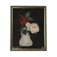 The image is a painting of a vase containing two flowers, one red and one white, against a dark background.